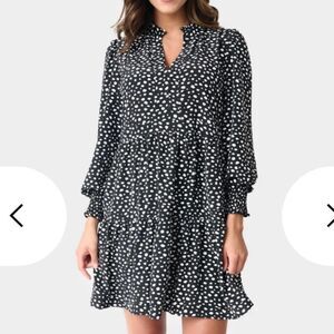 Gibson Look Long Sleeve Decked Out Day Dress Black Off White Dots M NWT in packg